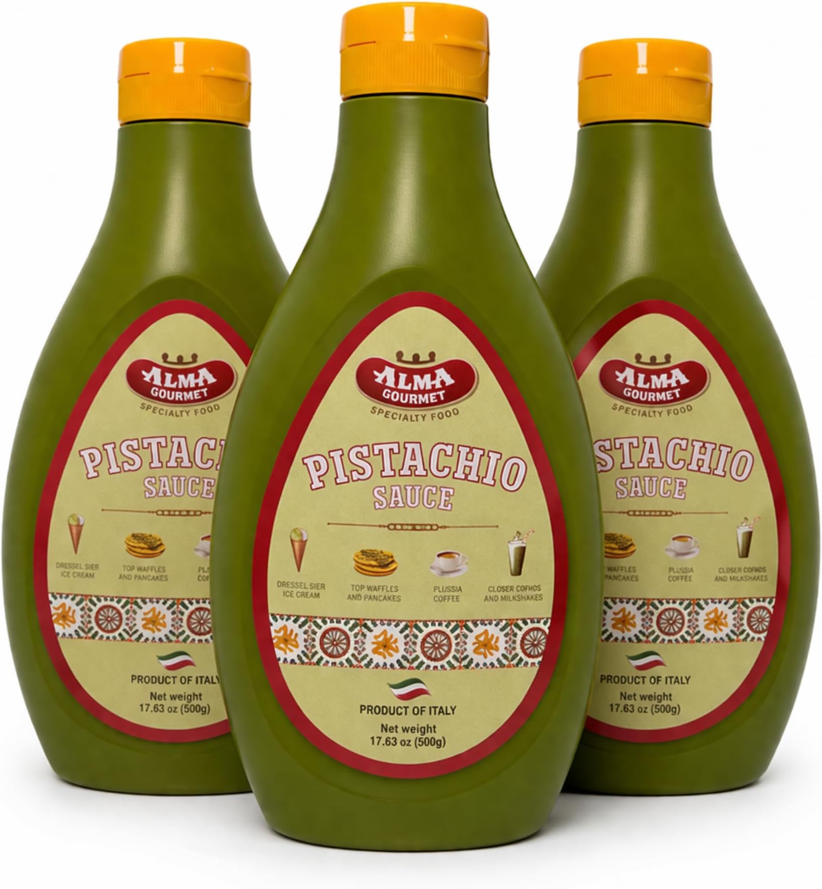 Alma Gourmet Sicilian Pistachio Sauce 17.6oz (500g) – Italian Pistachio Cream Dessert & Coffee Drizzle Topping for Ice Cream, Gelato, Waffles, Pancakes, Crepes, Cakes & Lattes | Made in Italy (Pack of 3)
