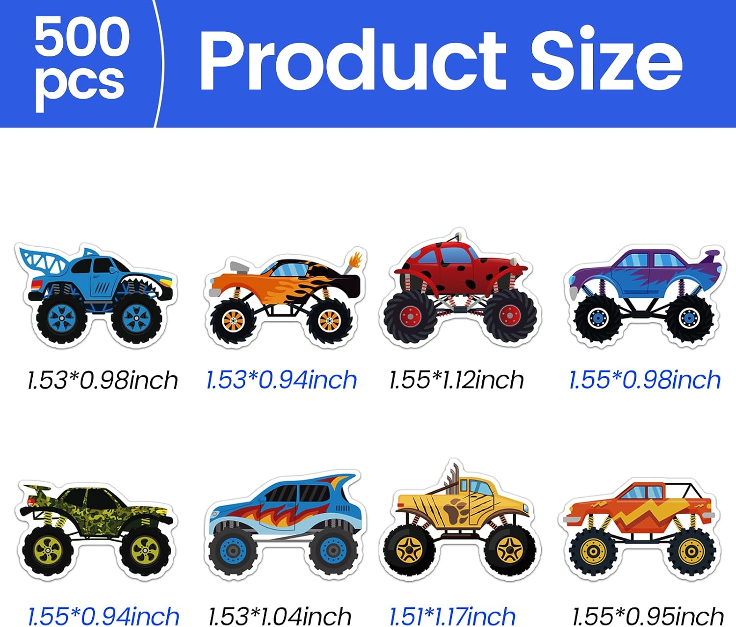 500 PCS Monster Truck Stickers Roll Truck Car Teachers Stickers Self Adhesive Waterproof for Birthday Party Decorations Supplies Favors School Funny Reward Scrapbook Envelope Seals DIY Craft Decals image 2