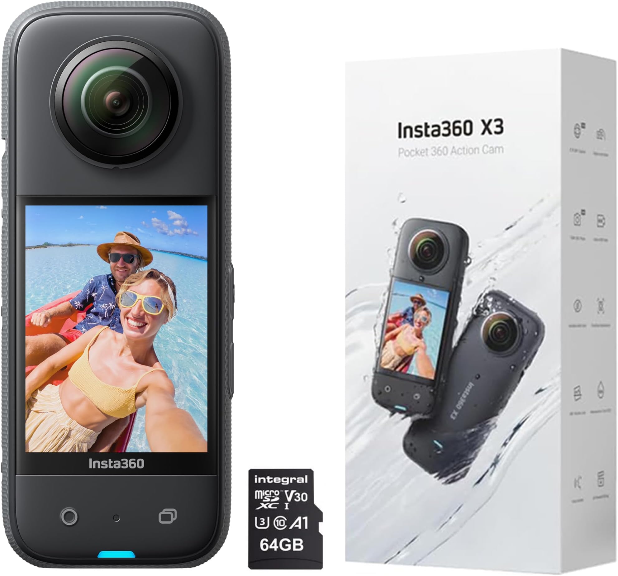 X3-360 Degree Waterproof Action Camera with 1/2" Sensor, 5.7K 360, 72MP 360 Photos, Stabilisation, 2.29" Touch Screen, AI Editing, Live Streaming, Webcam, Voice Control with 64GB Memory Card