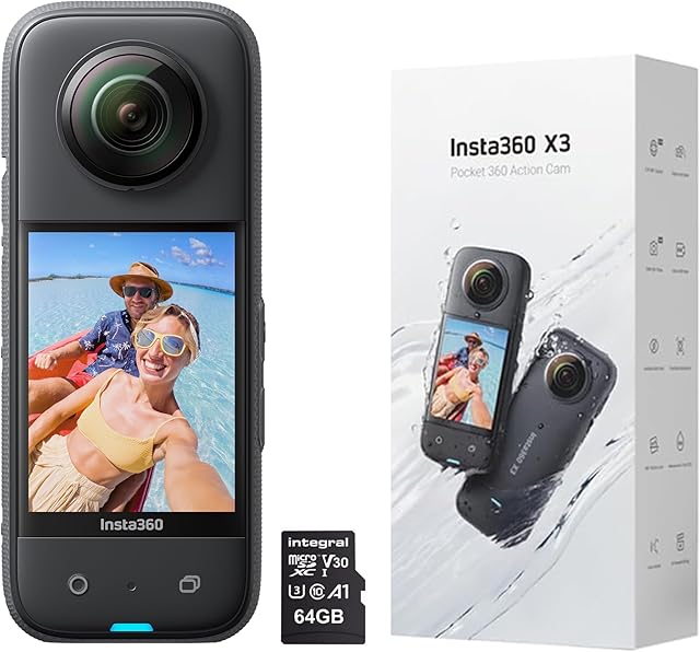 Insta360 X3 Waterproof Action Camera - 5.7K 360, 72MP Photos, Stabilization, Touch Screen, AI Editing, Streaming, Webcam, Voice Control, 64GB Card