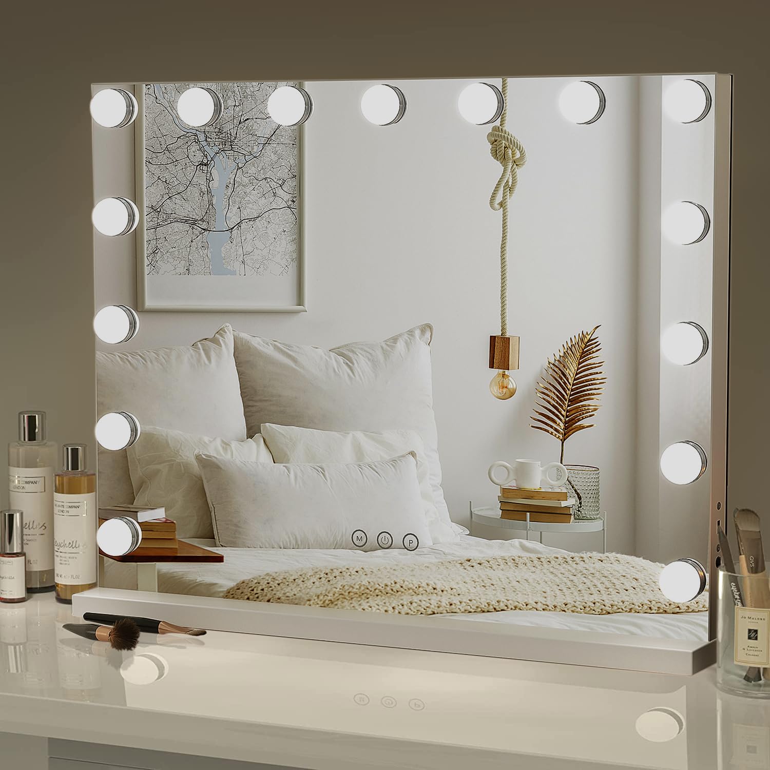 Moziel Makeup Mirror with Light, 15 LED Bulbs, 3 Light Modes, Adjustable Brightness, with 10X Mirror, 58 x 45 cm