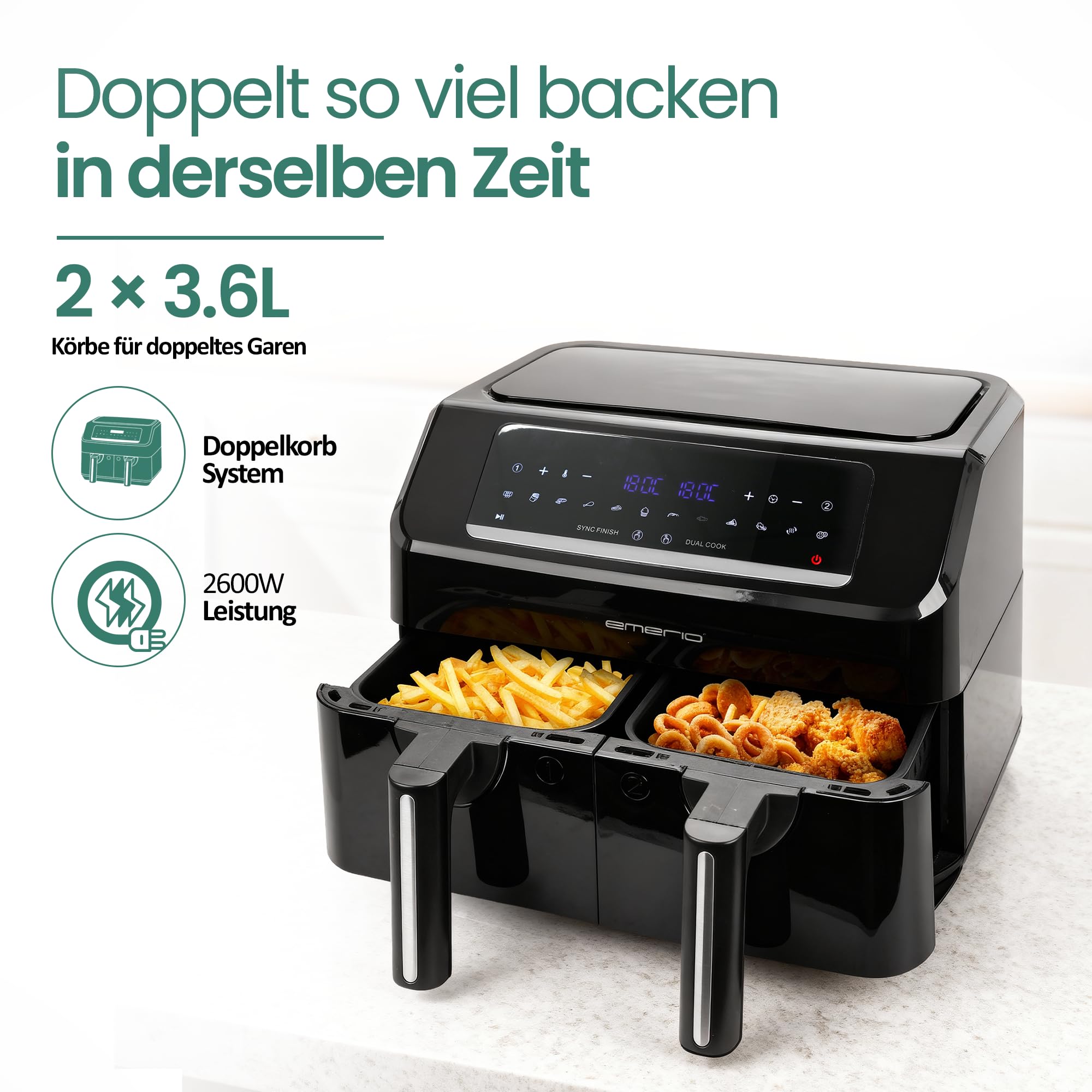 Emerio AF-130376.1 cyfrowa frytkownica na gorące powietrze, bez dodatkowego oleju, 2 x 3,6 l, 12 programów, bez BPA, funkcja SYNC FINISH (oba gotowe jednocześnie)