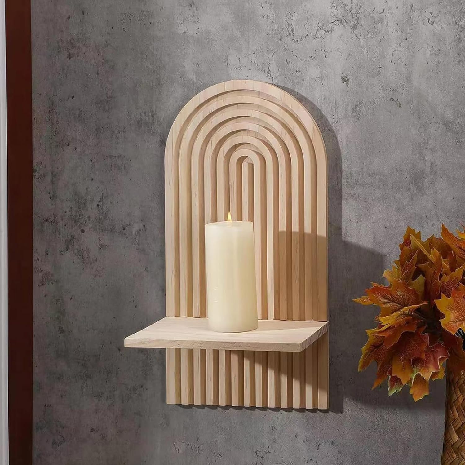 Wall Mounted Candle Sconce, Arch Candle Holder Shelves, Solid Pine Wood, Vertical Grooves Design, Rustic Decor for Bedroom, Living Room Natural Wood Color