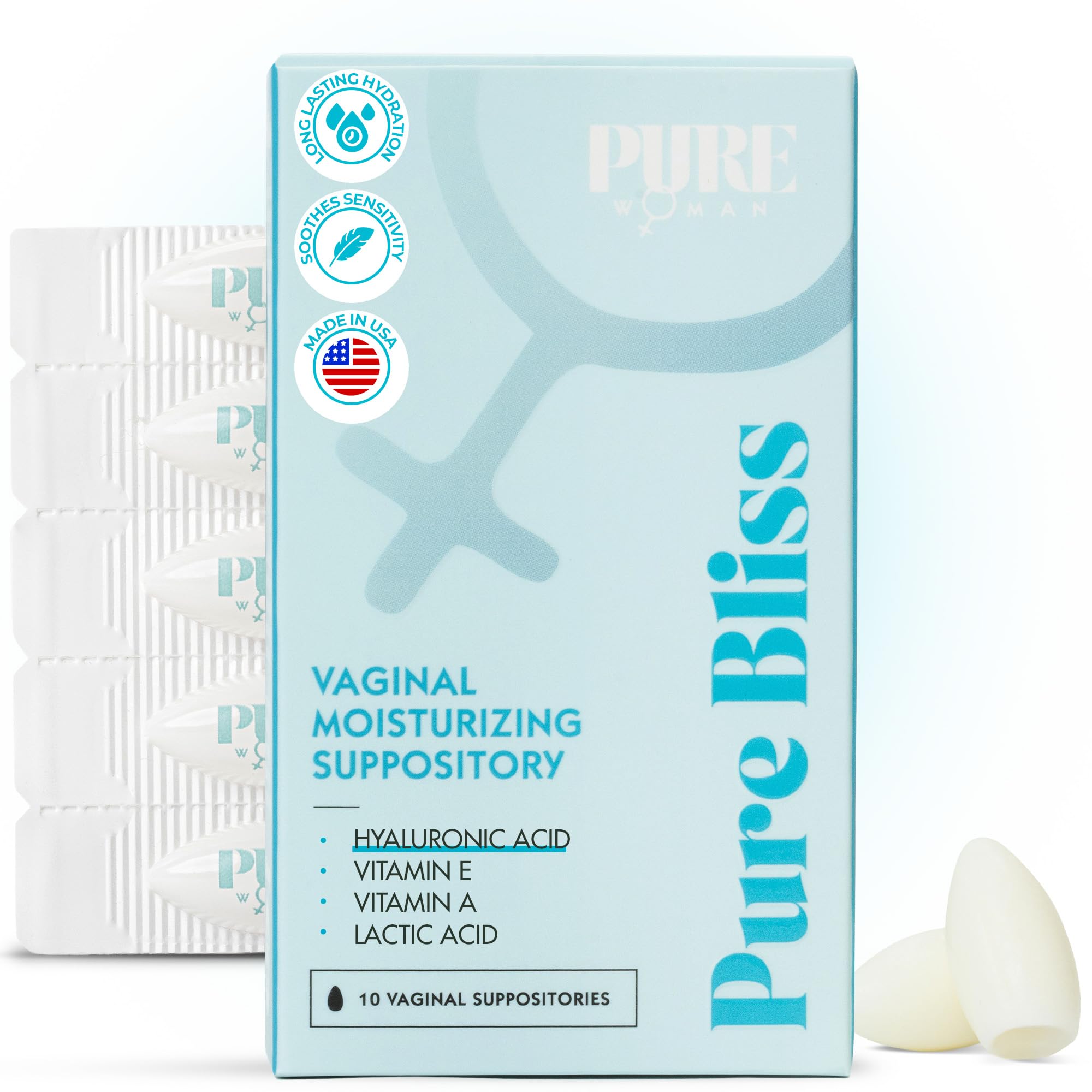 PURE WOMAN - Pure Bliss - Vaginal Moisturizing Suppositories - Hyaluronic Acid, Vitamin E, Vitamin A, Lactic Acid - Supports Vaginal Moisturization -