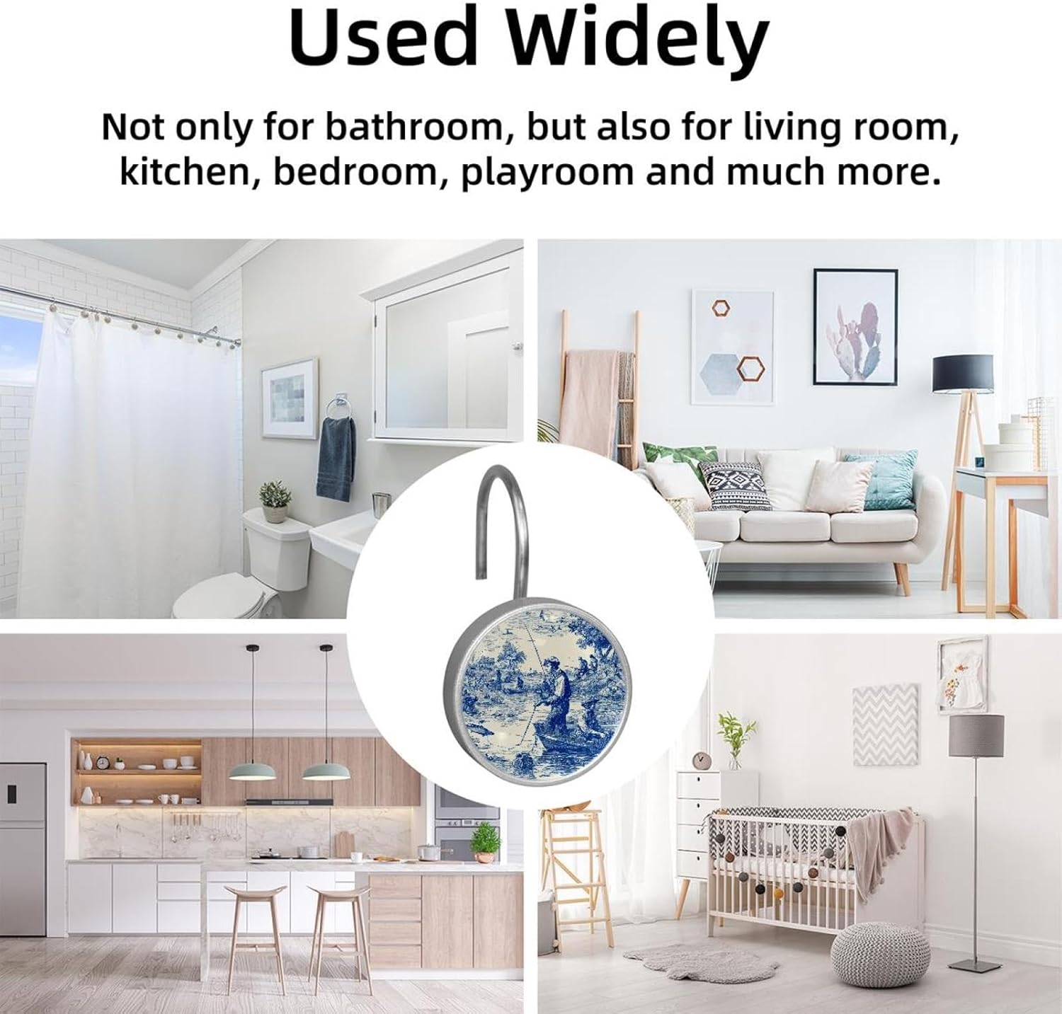 Set of 12 Scenes of Fishing in Toile de Jouy Style Shower Curtain Hooks Rings, Double Glide Shower Hooks for Bathroom Shower Rods Curtains