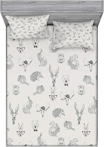 Lunarable Juego de sábanas bajeras y fundas de almohada grises, ilustración de animales del bosque extraños, retro, conejo, zorro, querida vida