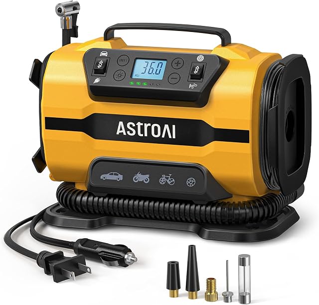 AstroAI Tire Inflator Portable Air Compressor Pump 150PSI 12V DC/110V AC with Dual Metal Motors &LED Light, Automotive Car Accessories&Two Mode for car, Bicycle Tires and air mattresses