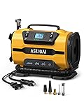 A comparison of four different AstroAI tire inflator models, including handheld cordless, portable 12V, and heavy-duty air compressors, with accessories on a white background.