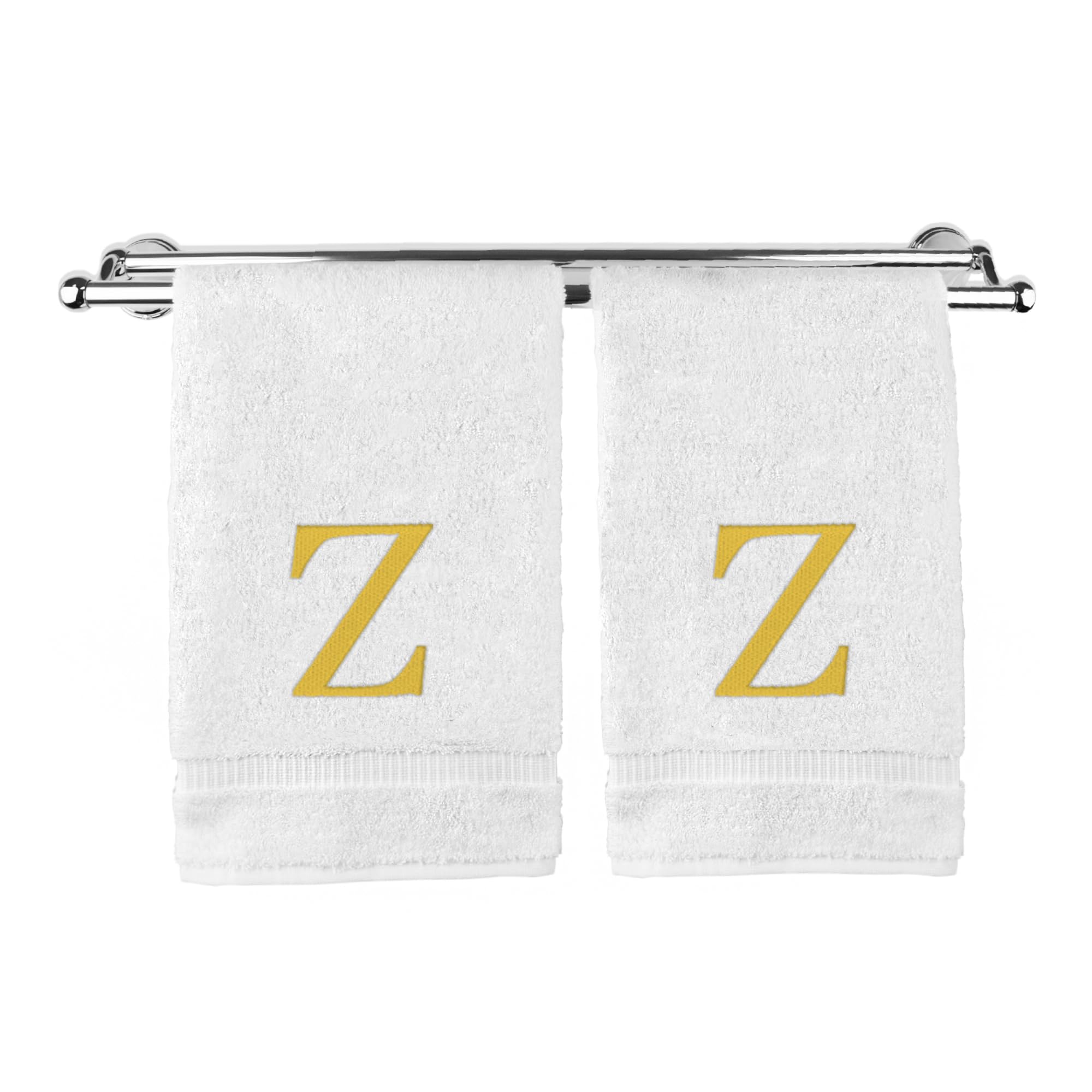 Toalla de mano con monograma, regalo personalizado, juego de 2 toallas bordadas con letras de bloque dorado, extra absorbente, 100% algodón turco, acabado de rizo suave, inicial Z blanca