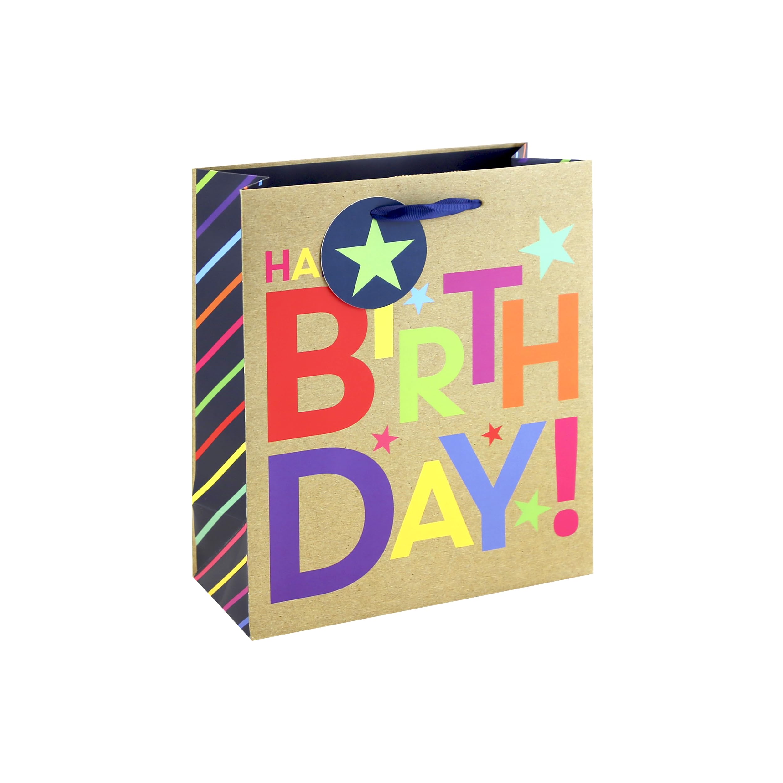 Eurowrap Happy Birthday Medium Gift Bag – Kraft Present Bag with Colourful Lettering & Stars, Grosgrain Ribbon Handles – Birthday Gift Packaging for Girls, Women, Men & Boys