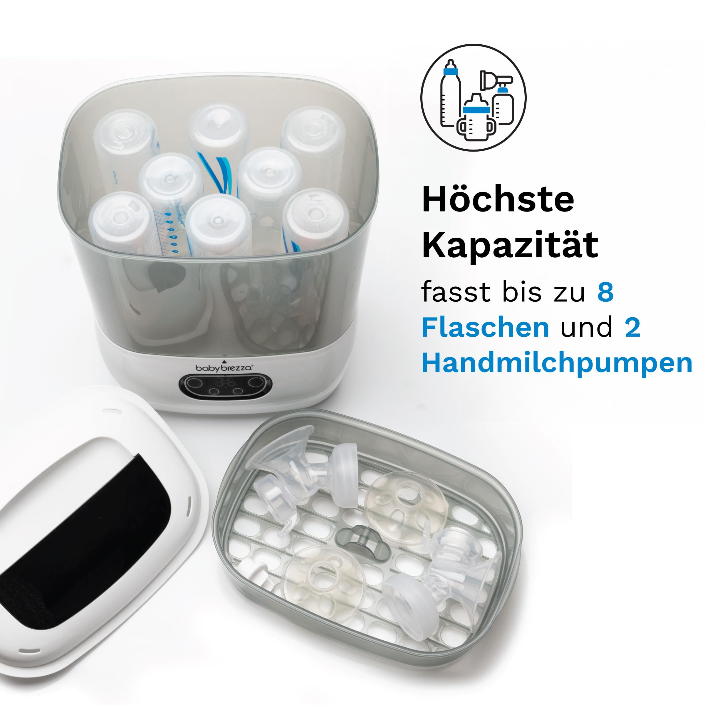 Baby Brezza Sterilizer Dryer Advanced – Sterilisiert & trocknet Babyflaschen, Milchpumpenteile & Zubehör automatisch – Mit HEPA-Filter, 4 Modi & großer Kapazität – BPA-frei – Weiß