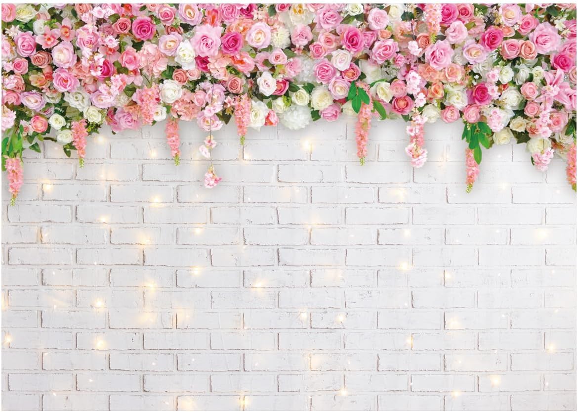 10X8FT White Brick Wall Flowers Backdrop Spring Theme Photography Background for Mother's Day Valentine Wedding Bridal Baby Shower Birthday Party Decor Banner Portrait Photo Booth Prop DH-270