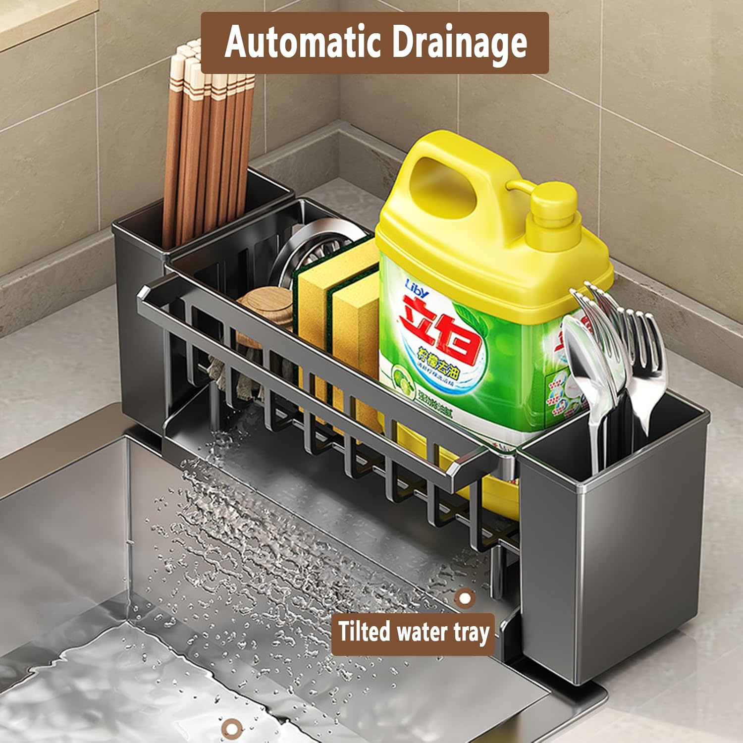 Utensil Holder, 3 Compartments Utensil Drying Rack, Dish Drainer for Kitchen Counter,Kitchen Utensils Holder with Towel Bar,Self-Draining Tray Design(Gray) - Image 4