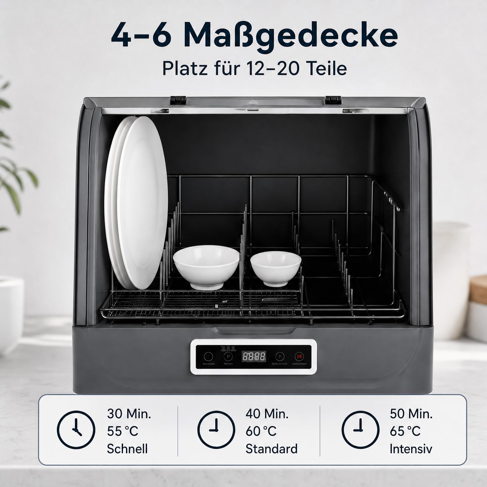 Mini Geschirrspüler Tischgeschirrspüler 800W 3 Programme Touch | Für 4 bis 6 Gedecke mit Warmluft- und Restwärmetrocknung, ideal für Küche, Wohnung und Büro