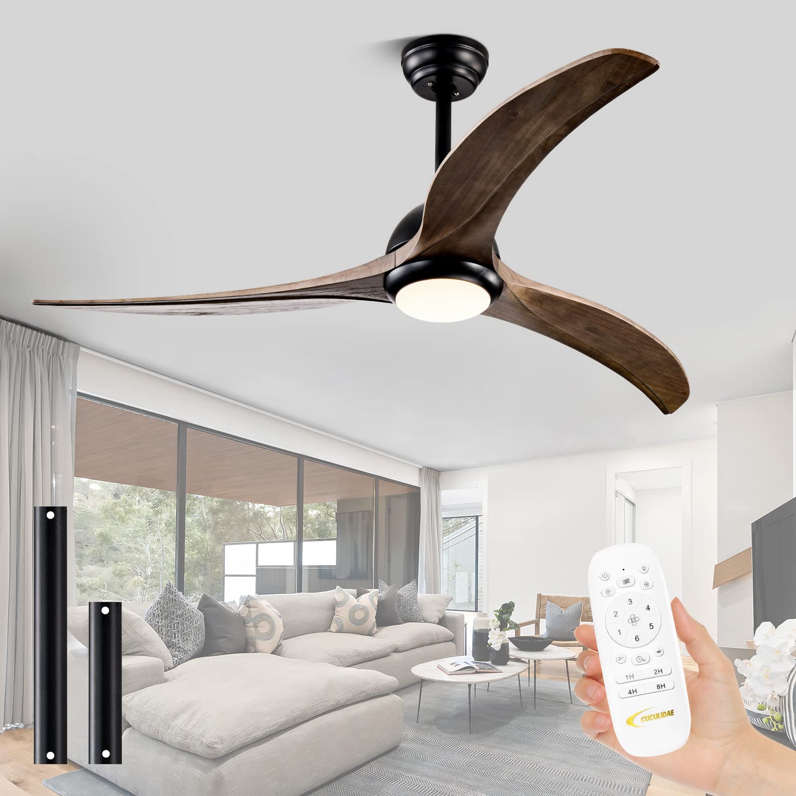 52” Ceiling Fans with Lights and Remote Control, Wood Ceiling Fans with 3 Blade, Indoor 6 speeds Farmhouse Ceiling Fan for Living Room,Motor For Bedroom Dining Room Living Room, Black Walnut