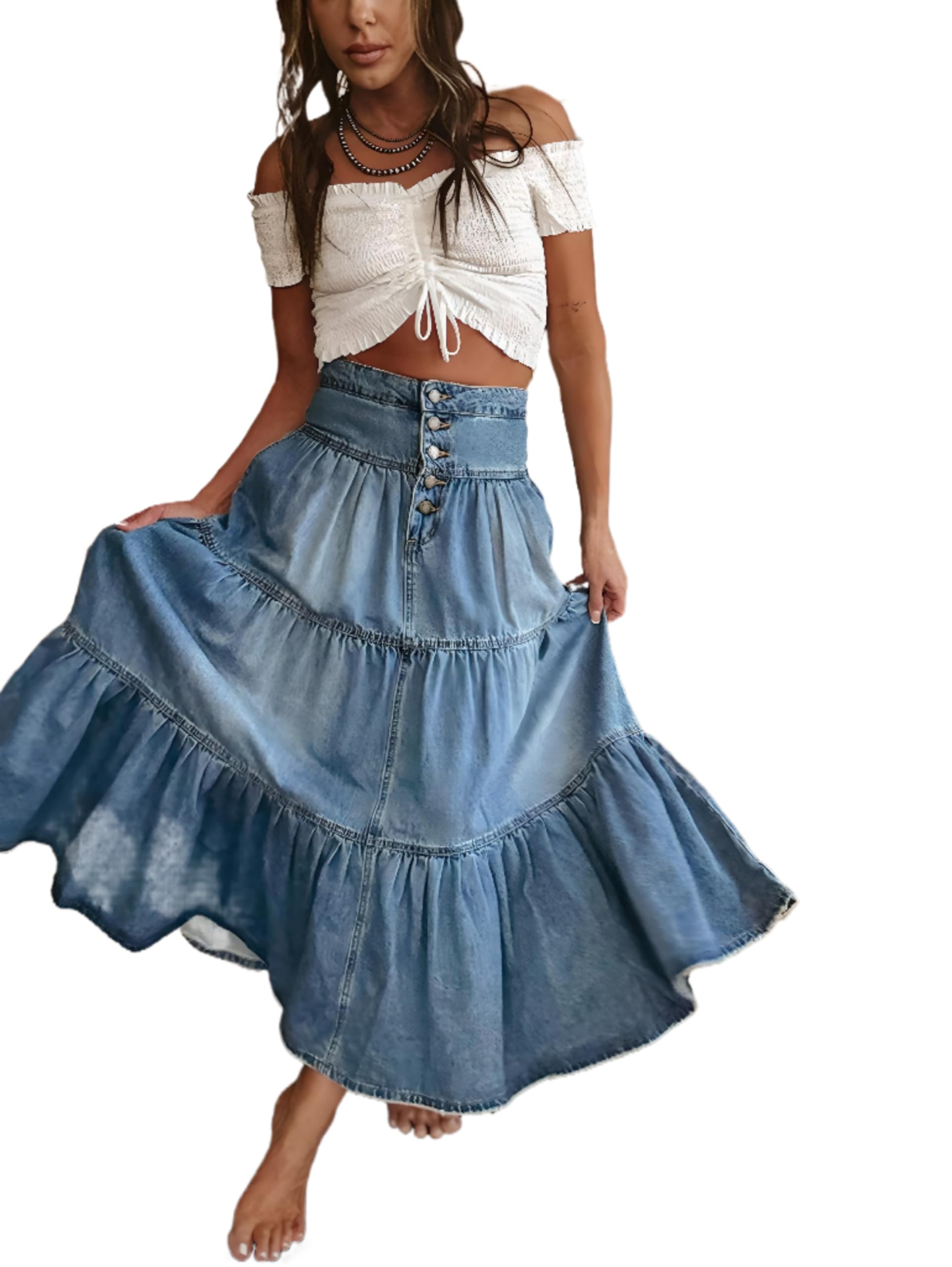 Jeansröcke für Damen Lang, Boho A-Linie Stufenrock im Denim-Look, Länge bis zum Knöchel Pflegeleichter Polyester-Mix Maxirock, Knitterarm für Freizeit Urlaub Alltag