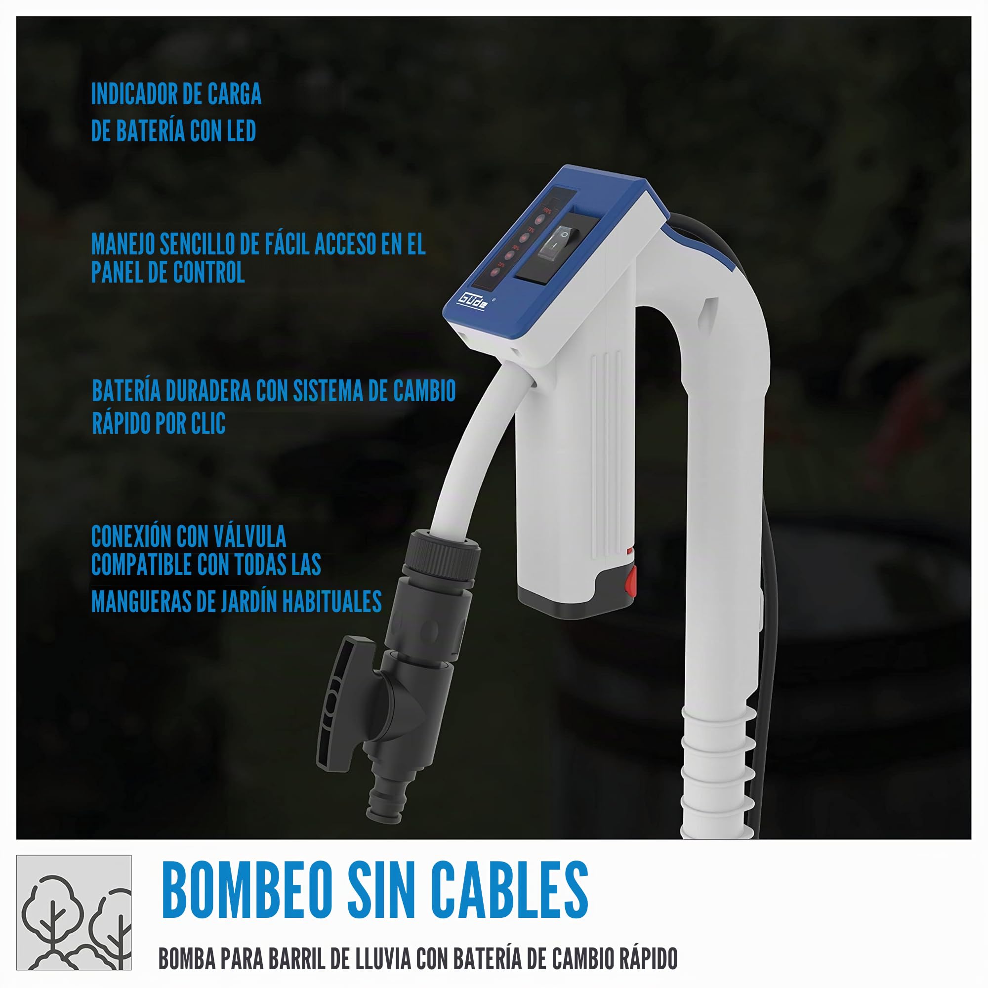 Güde RFP 12-201-04 - Bomba de barril de lluvia con batería (12 V, 1500 l/h, prueba buena, protección contra marcha en seco, altura de extracción de 11 m, tamaño máximo de grano 0,5 mm, válvula de