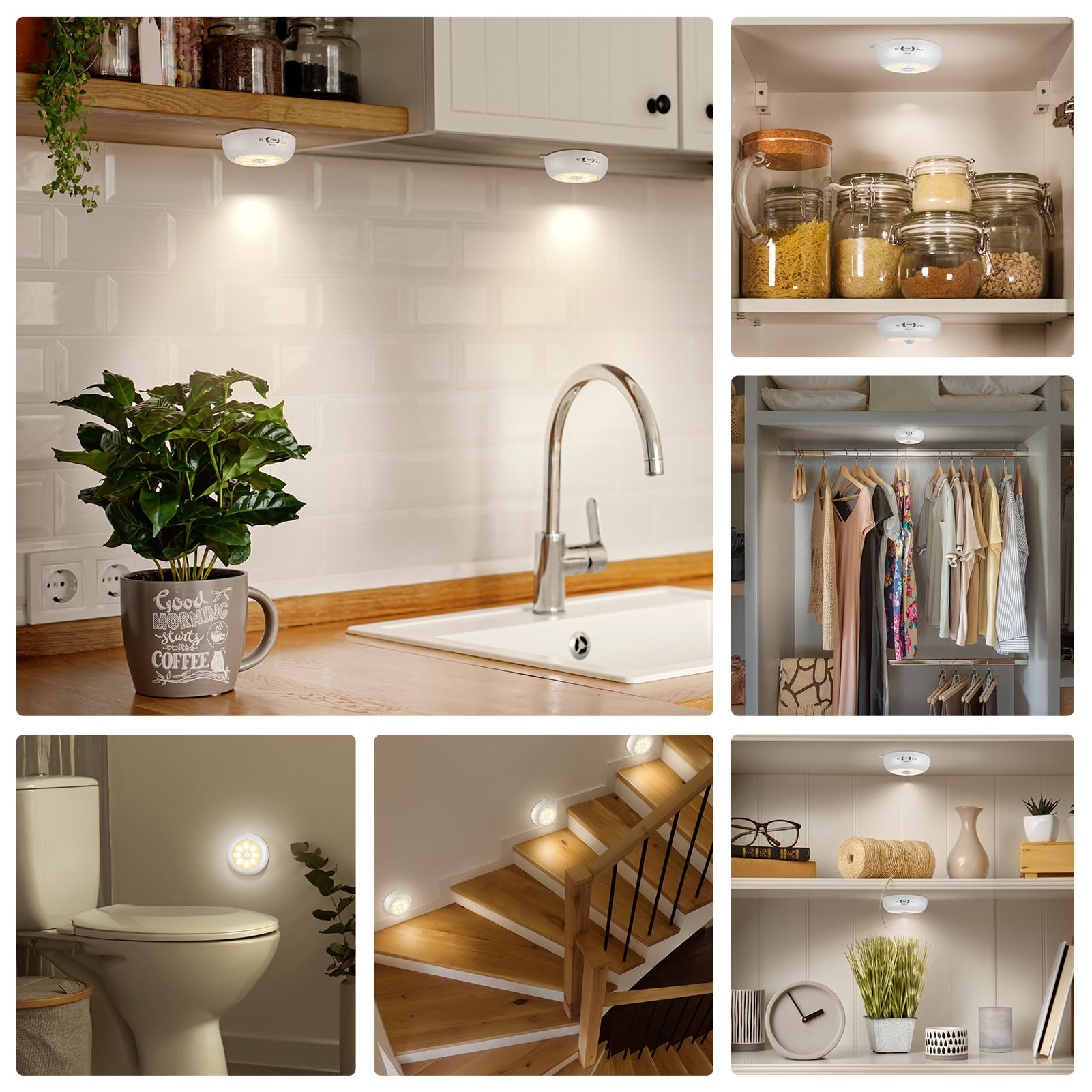 Reoshine Iluminación para debajo del gabinete, luces LED de disco que funcionan con pilas AA, luces de armario con sensor de movimiento para cocina, estante, regulable y magnética, 3000 K blanco