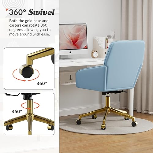 Miniatura 4 de YISHENG - Silla de escritorio de terciopelo para oficina con base dorada, con ruedas, sillas tapizadas modernas ajustables en altura con giro de 360
