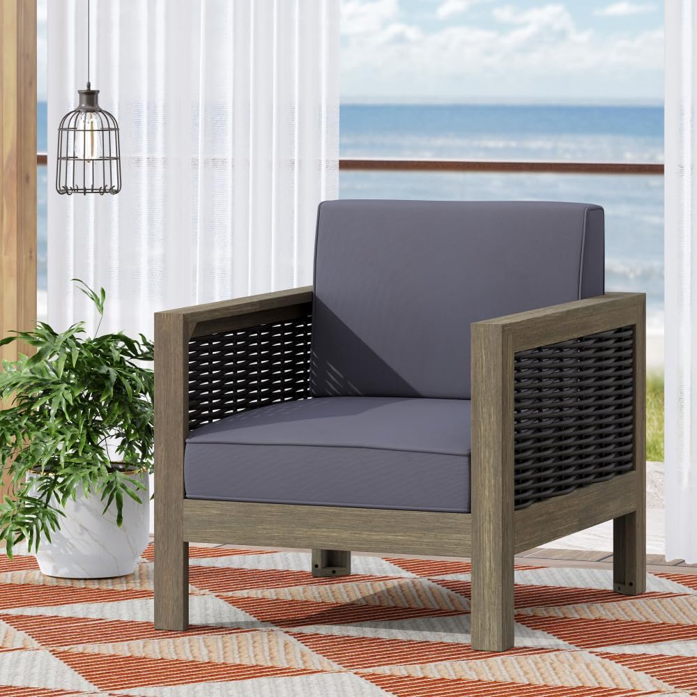 Outdoor Chat Set with Acacia Wood Frame, Wicker Accents, and Water-Resistant Cushions for Patio or Backyard Relaxation (Gray + Acacia Wood)
