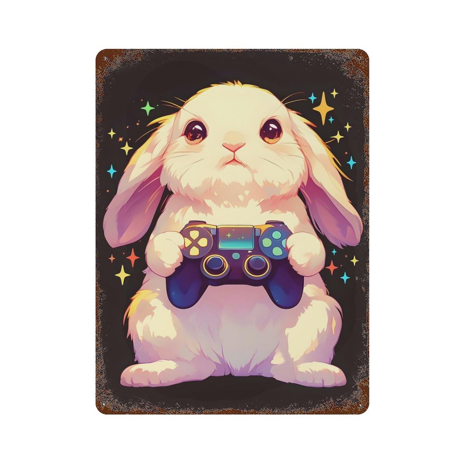 Retro Metal Sign with Gamer Bunny Design 15.7"x11.8", for Office, Studio And Wall Decor, Retro Wall Decor