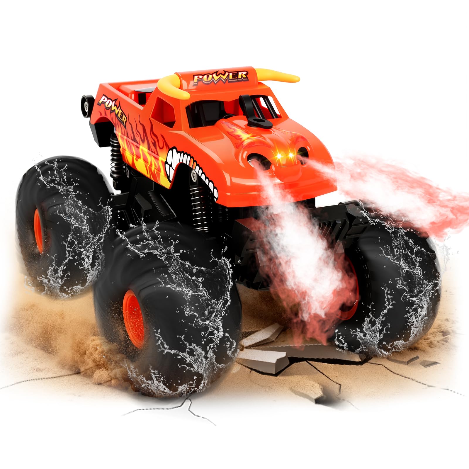 Charmofun Monster Truck Telecomandato, 2.4GHz Anfibio Macchina Telecomandata con Luce LED, Auto Telecomandata 1:16, 4WD RC Auto con Spruzzatore per bambini sopra gli 8 anni （RED)