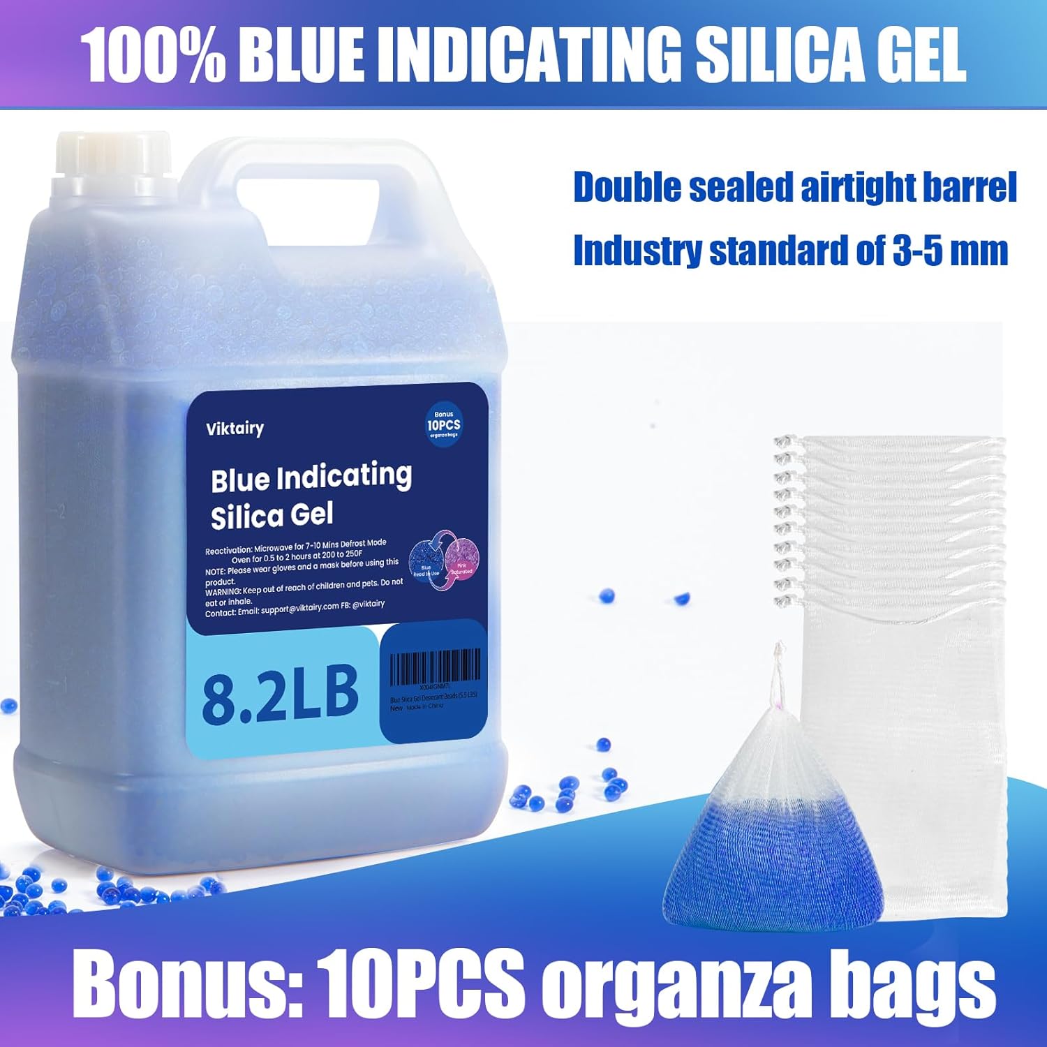 8.2LBS Silica Gel Desiccant Beads, Premium Blue Indicating Reusable Desiccant Bulk, Industry 3-5 mm Silica Beads Dehumidifier for 3D Filament, Electronic Devices, Camera, Jewelry, Safe (10PCS Bags)