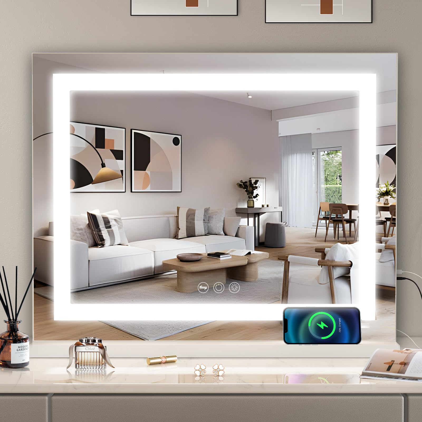 Misavanity Vanity Mirror with Lights Tempered Glass 22.8" x 18.1" Lighted Makeup Mirror with Light Strip Crushed Crystal 3 Colors Modes Dimmable Lights USB Charging Port and 10X Magnification, White