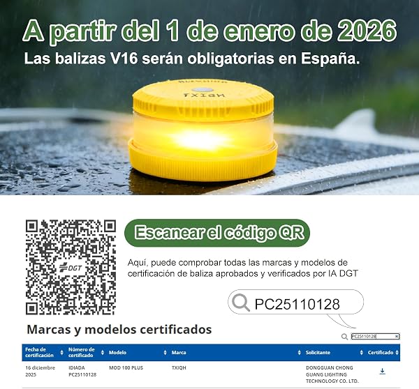Baliza v16 homologada dgt con Geolocalización, Obligatoria 2026, Baliza Coche Conectada DGT 3.0, Datos Gratis hasta 2042 - 2