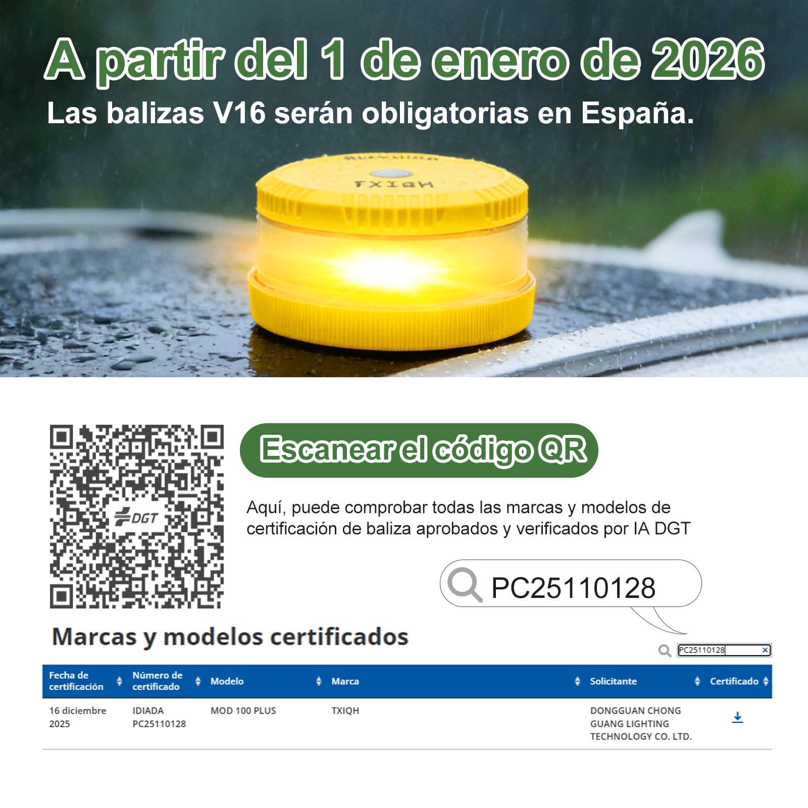 Baliza v16 homologada dgt con Geolocalización, Obligatoria 2026, Baliza Coche Conectada DGT 3.0, Datos Gratis hasta 2042 — view 2