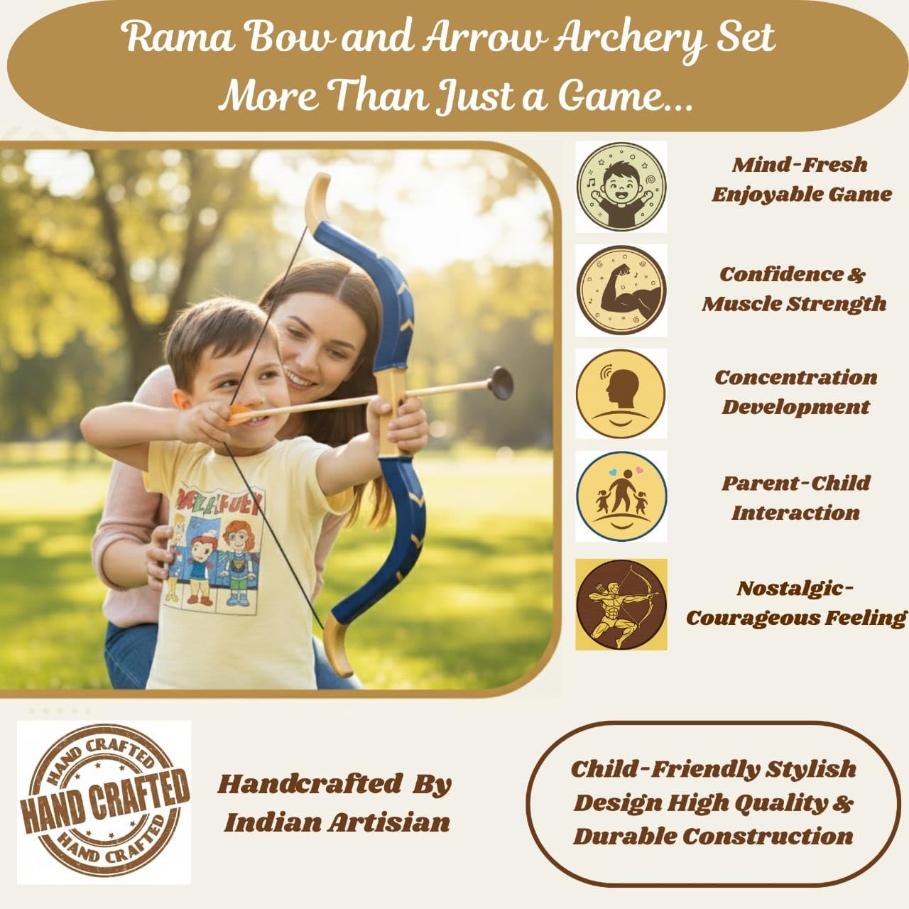 Kids Archery Set - Ramayana Style Wooden Bow & Arrow -3