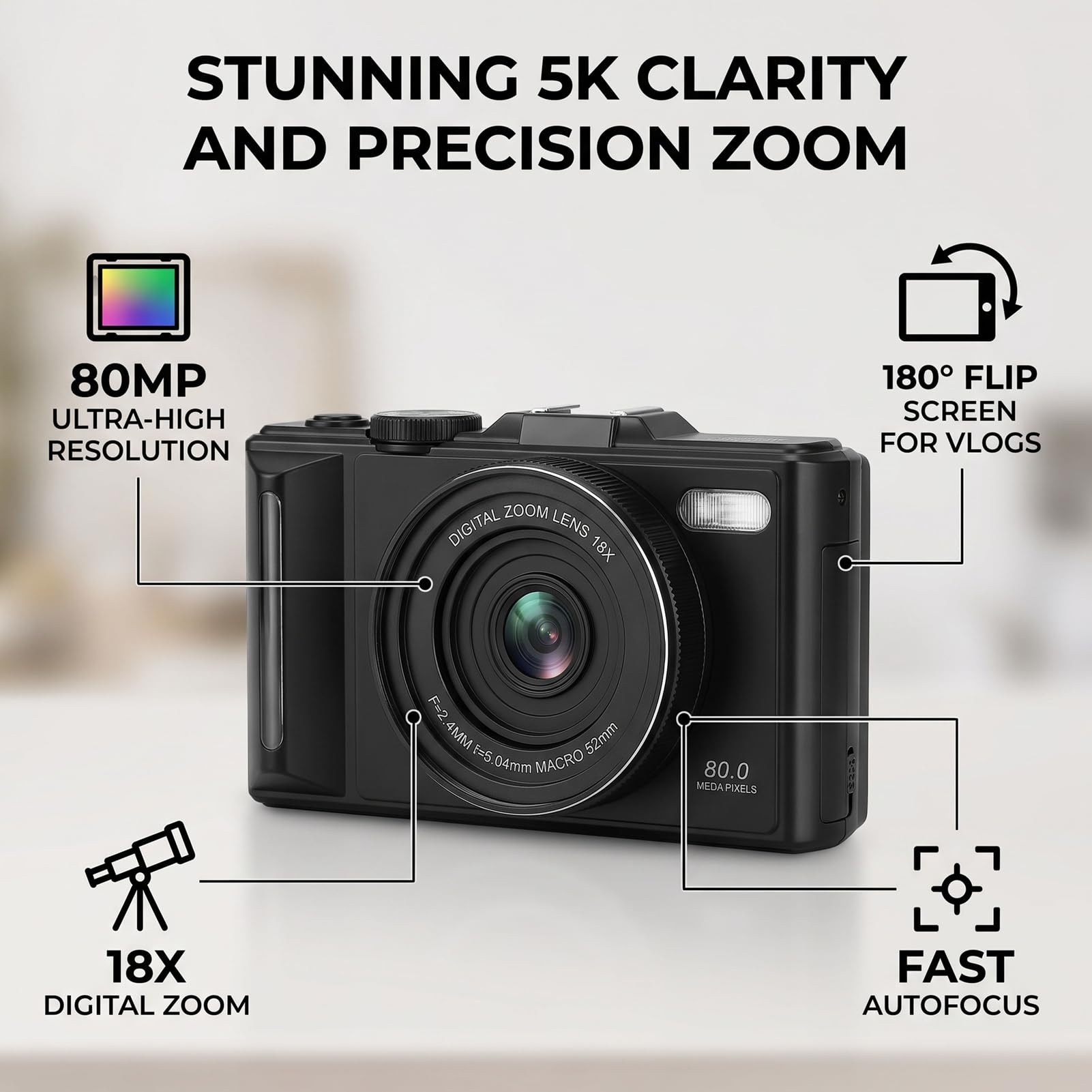 Annadue Appareil Photo Numérique 5K 80MP avec écran Rabattable à 180° de