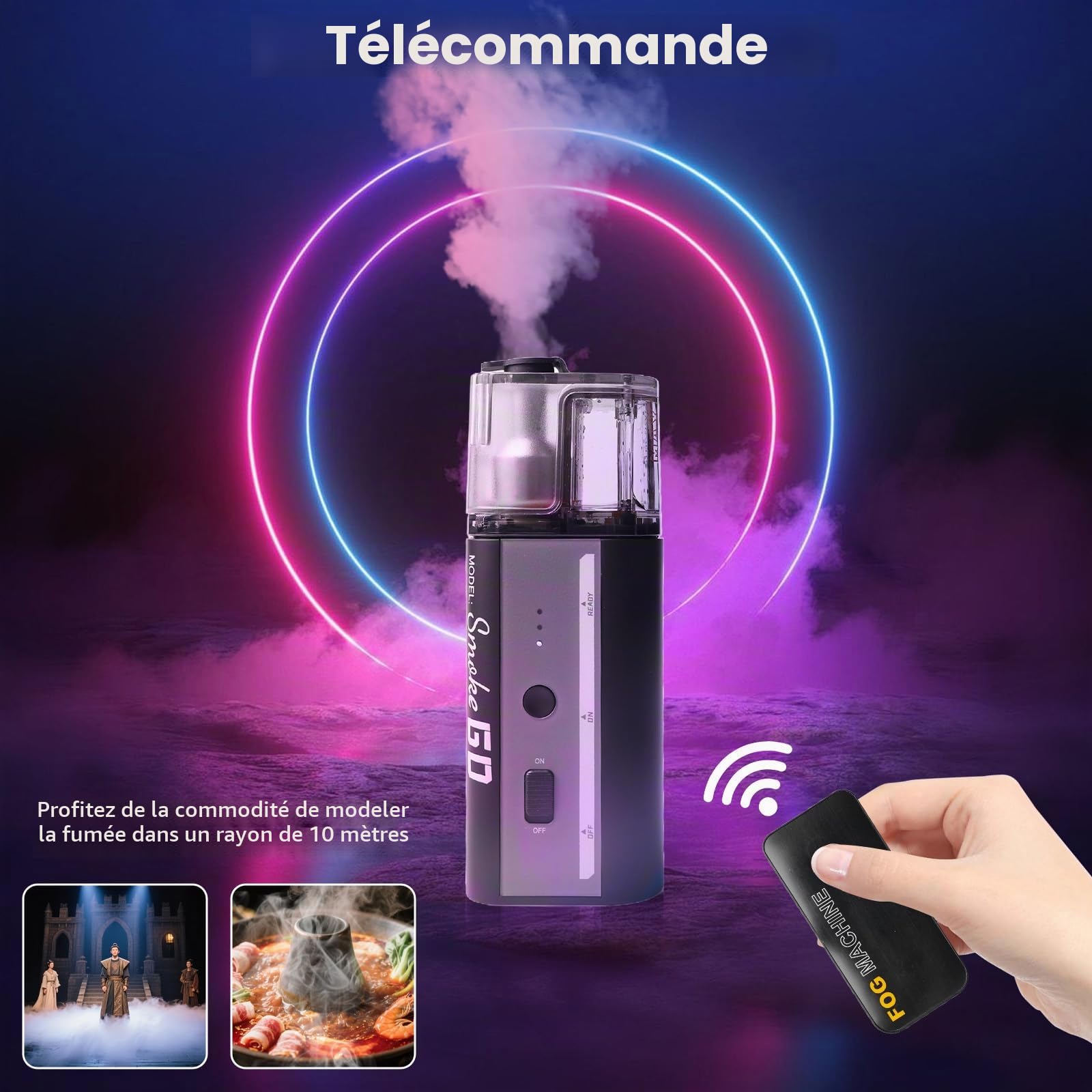 Mini machine à fumée avec télécommande sans fil, 30 W, portable, avec batterie, portée de 10 m, rechargeable, pour photographie, mariages, fêtes et Halloween