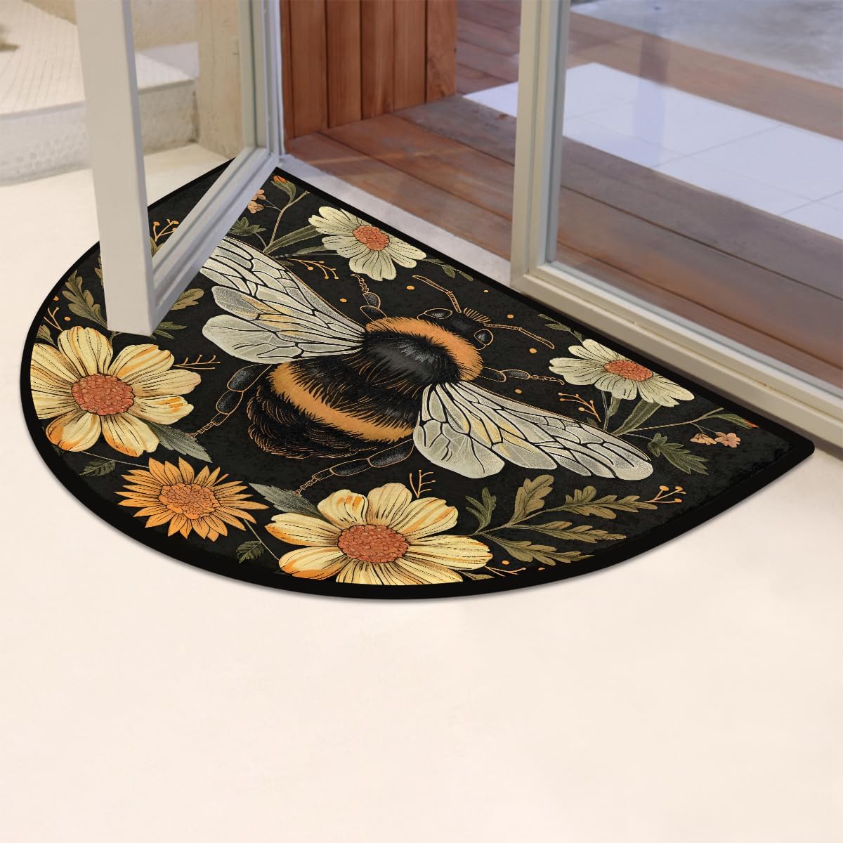 Half Round Door Mat Bee Flower Animal Non Slip Washable Semi Circle Area Rug Absorbent Soft Half Moon Rug Floor Mat for Indoor Outdoor Kitchen Bathroom Patio Front Door Mat Decor
