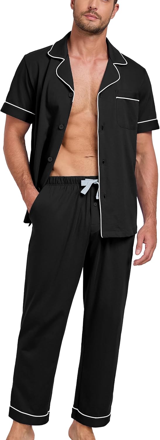 EA'S SECRET Mens Pajamas Set 100% Cotton Soft Button Pajamas for Men Short Sleeve Sleepwear 2 Piece Lounge Pjs Sets