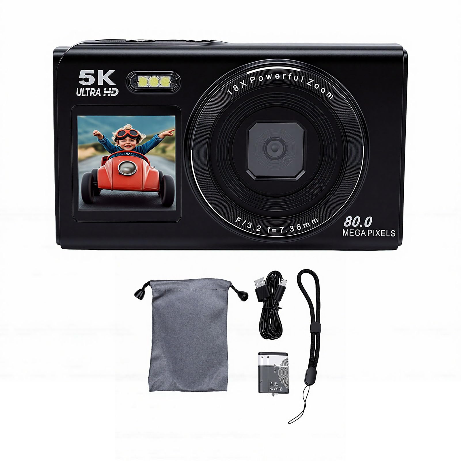 5k dual screen digital camera for photography, 1.5" front & 2.8" rear display, 18x digital zoom, optical stabilization, support 256gb memory card for content creation (black)