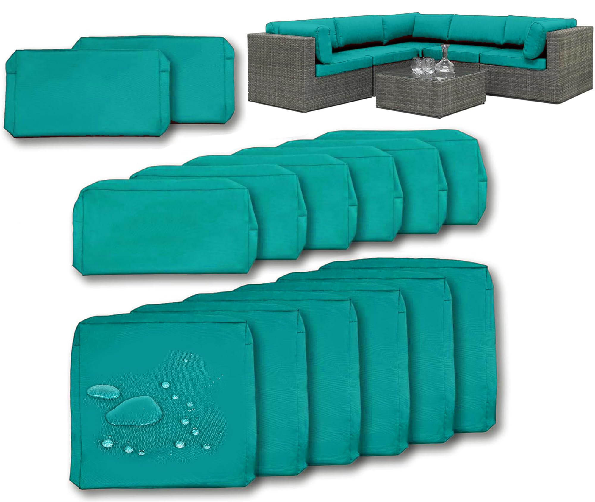 Sigmat 14 Pack Outdoor Cushion Covers for 6-Seater Rattan Wicker Sectional Sofa Fade-Resist Replacement Cushion Slipcovers Teal