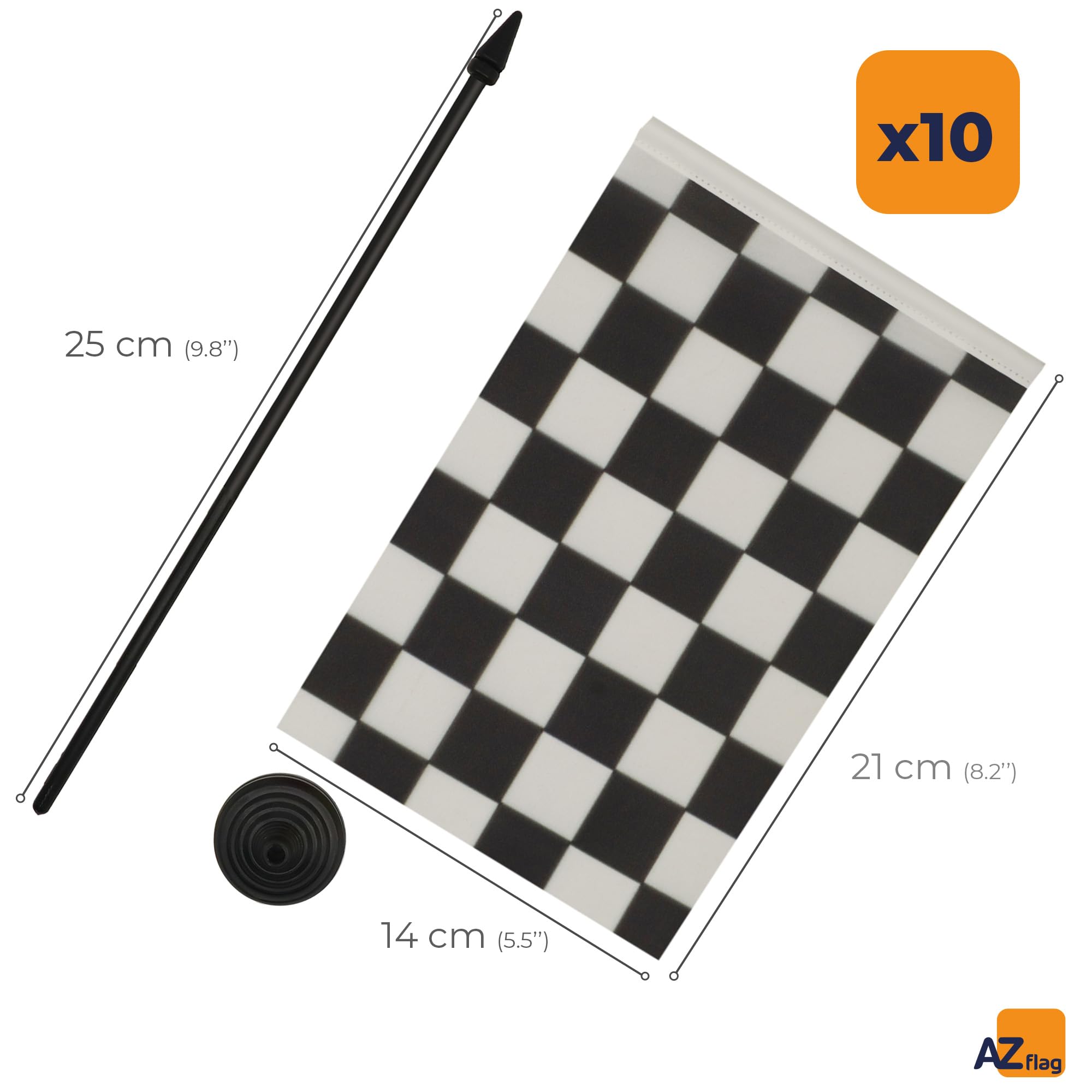 AZ FLAG Lot de 10 Drapeaux de Table Damier noir et blanc 21x14 cm | Usage intérieur Drapeau de bureau à damiers finition cousue et bords renforcés avec mât en plastique et socle en plastique