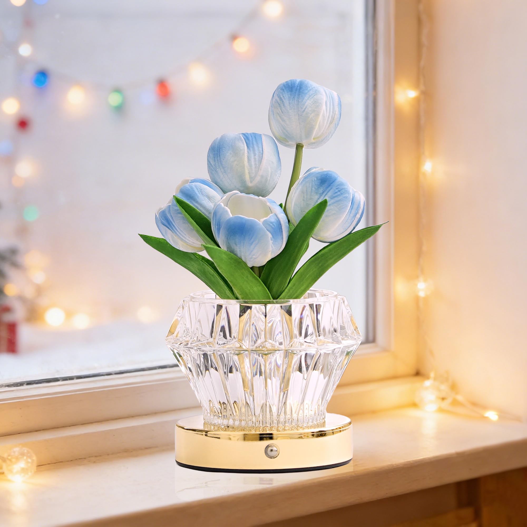 Blue Tulip Flower Lamp Diamond Vase Decor Gifts for Women
