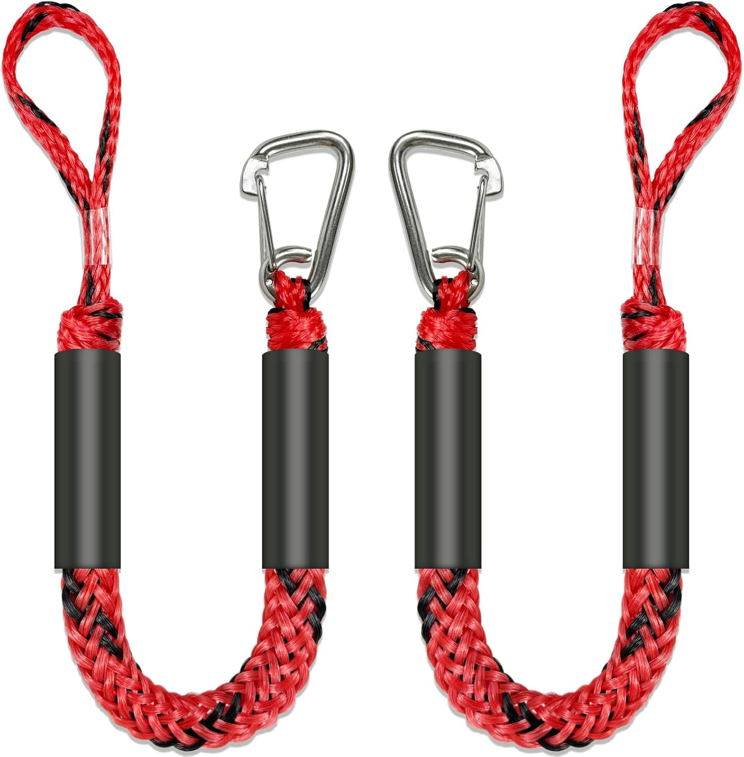 2.5 FeeT Boat Bungee Dock Lines 2PCS 316 Stainless Clip Boat Accessories Marine Grade Quickly Mooring (Red&Black, 2 1/2 Feet)