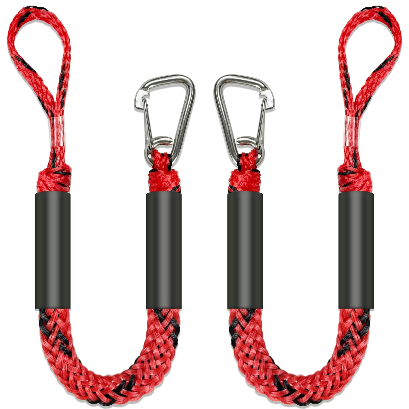2.5 FeeT Boat Bungee Dock Lines 2PCS 316 Stainless Clip Boat Accessories Marine Grade Quickly Mooring (Red&Black, 2 1/2 Feet)