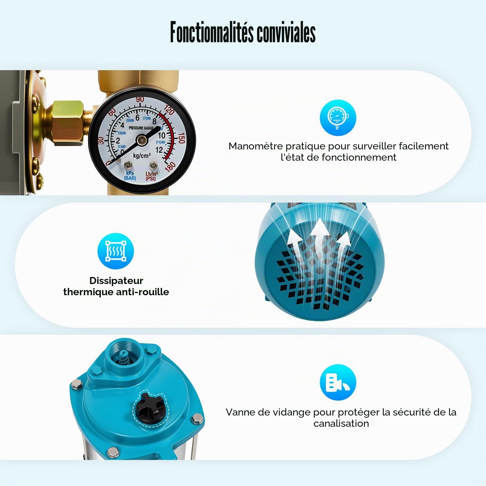 Pompe Centrifuge en Acier Inoxydable 1300W 4000L/h 9.8 Bar avec Manomètre Pompe a Eau Max. Ascenseur 98m Pompe à Jet pour L'irrigation Fermes, Étangs, Jardins et Fontaines