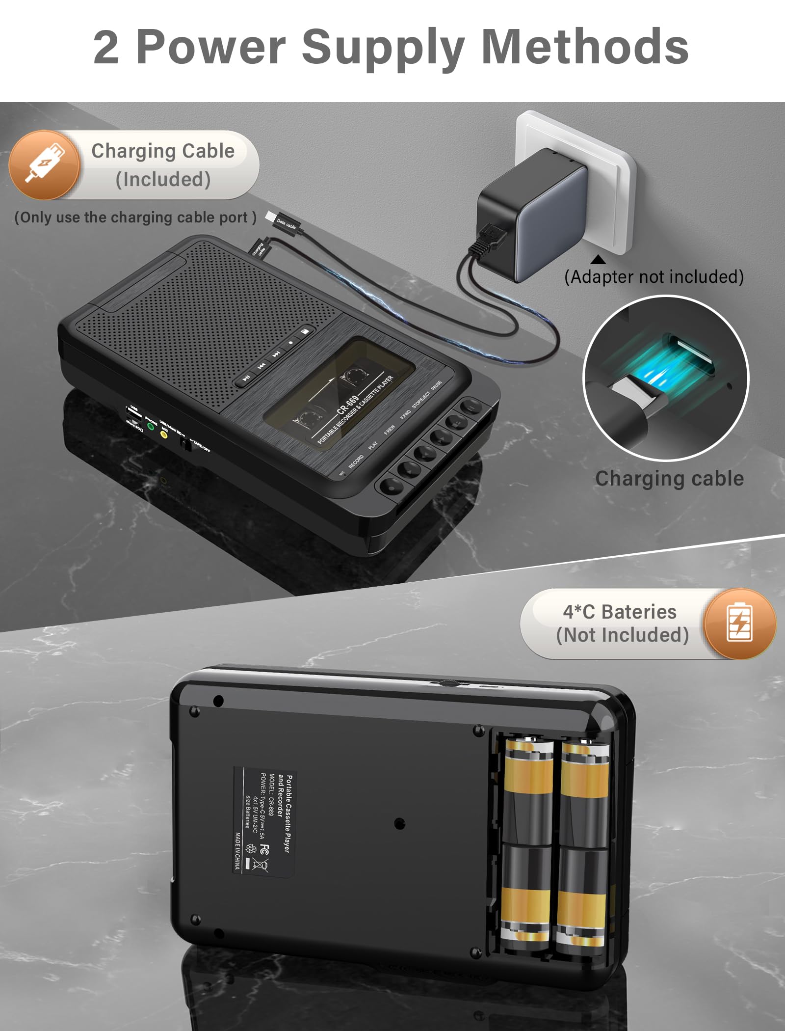 Gracioso Lecteur de cassette, lecteur de cassette portable en musique MP3 via disque U/carte SD ou PC, enregistrement sur cassettes/USB/carte SD via micro, lecteur de cassettes avec prise casque