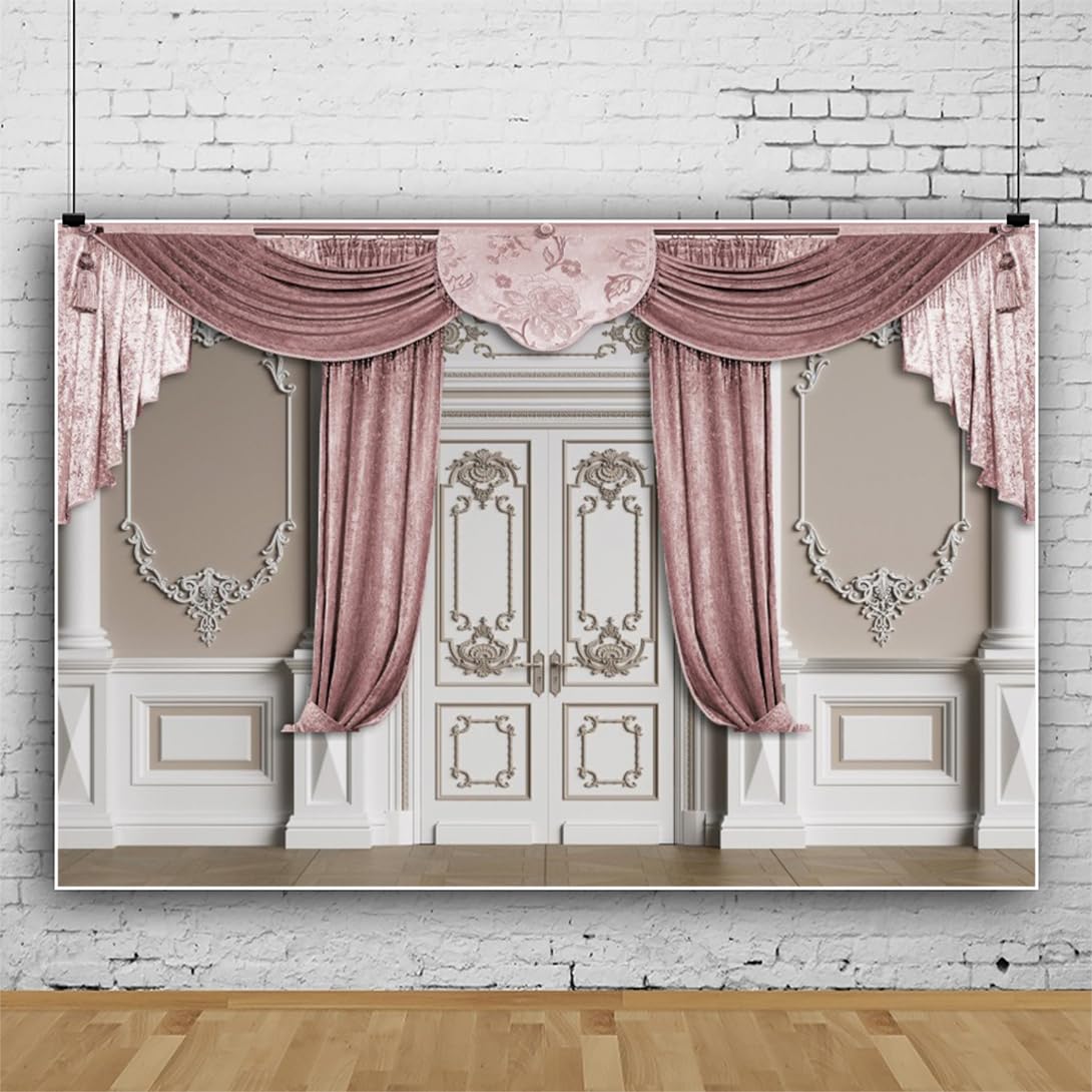 10x7ft Rosa Valance Poliestere Backdrop Jacquard Bianco Porta Castello Fotografia Sfondo Moderno Classico Sfondi per Bambini Compleanno Party Decor Wedding Photo Booth Props