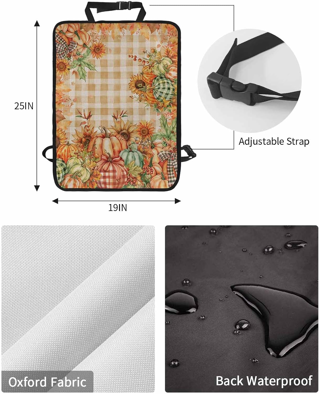 Car Seat Protector, 2 Pack Kick Mats Back Seat Protector Fall Thanksgiving Pumpkin Sunflower Leaf Yellow Plaid Linen Waterproof Backseat Cover for Kids Universal Fit Automotive Interior Protectors