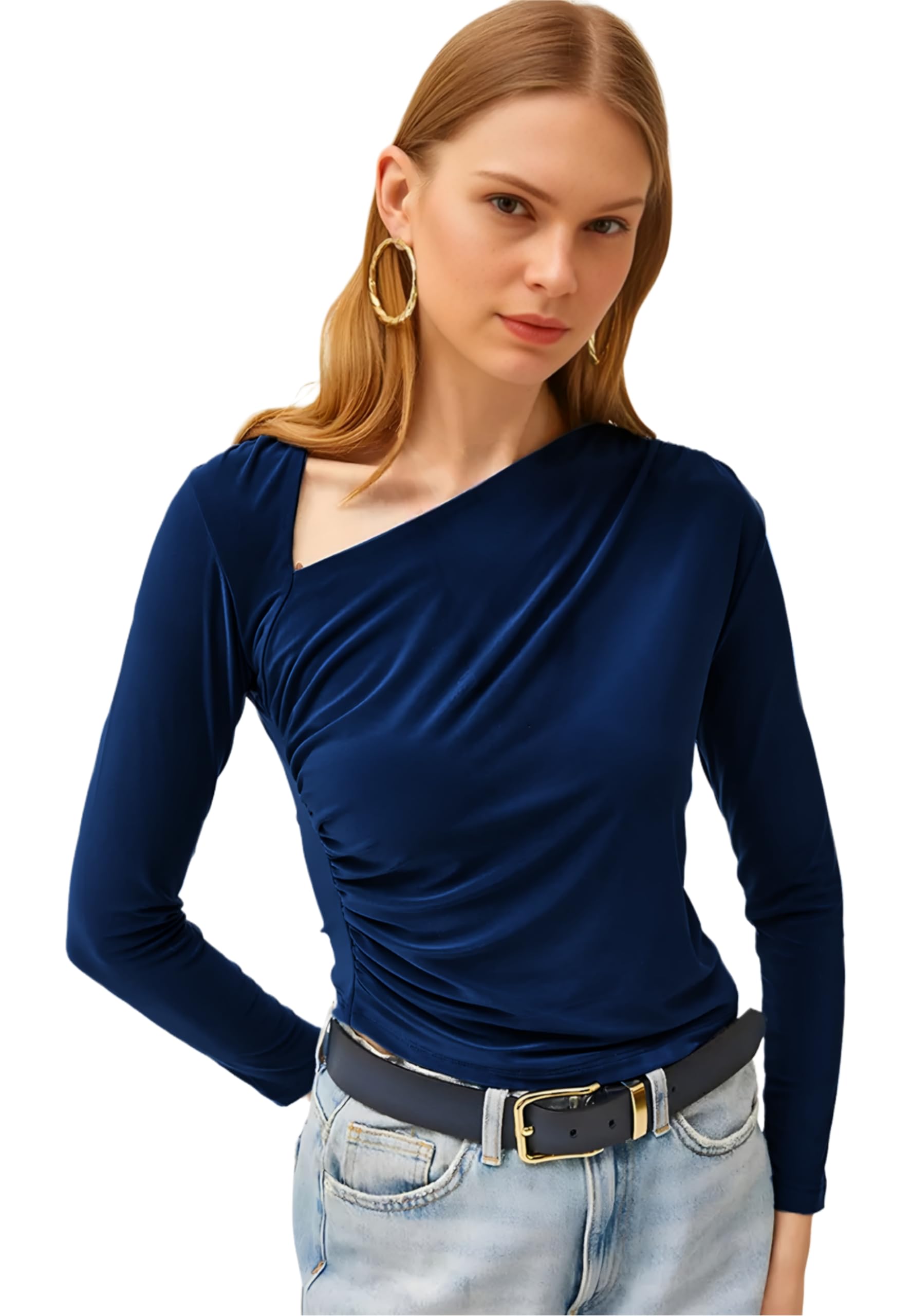 SOFTLINE ONE Shoulder Side Angular Asymmetric Neck Feather Touch Microfiber Cuddle Baby TEE Formal WEAR/Casual WEAR Fullsleeve TOP for Women