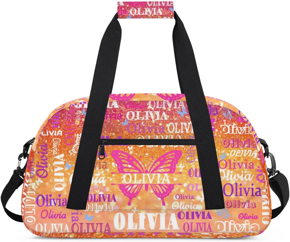 Custom Name Sports Duffel Bag with Butterflies, Personalized Gym Sport Duffel Cheerleading Bag Travel Weekender Tote Carry-On Bag, Lake Blue Background