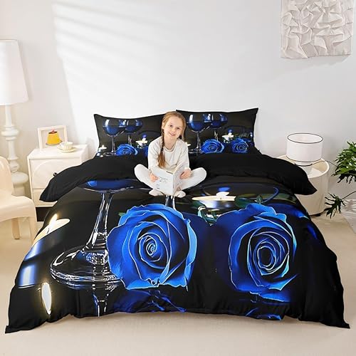 Miniatura 4 de Juego de ropa de cama de rosa azul para niñas y niños, romántica funda de edredón con rosas 3D tamaño King, funda de edredón floral de copa de vino,