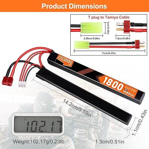 Miniatura 4 de Crazepony Batería Airsoft de 11.1 V recargable 3S LiPo 1800mAh 30C Nunchuck Split Pack Batería con Deans T Plug a Mini Tamiya Cable para Airsoft