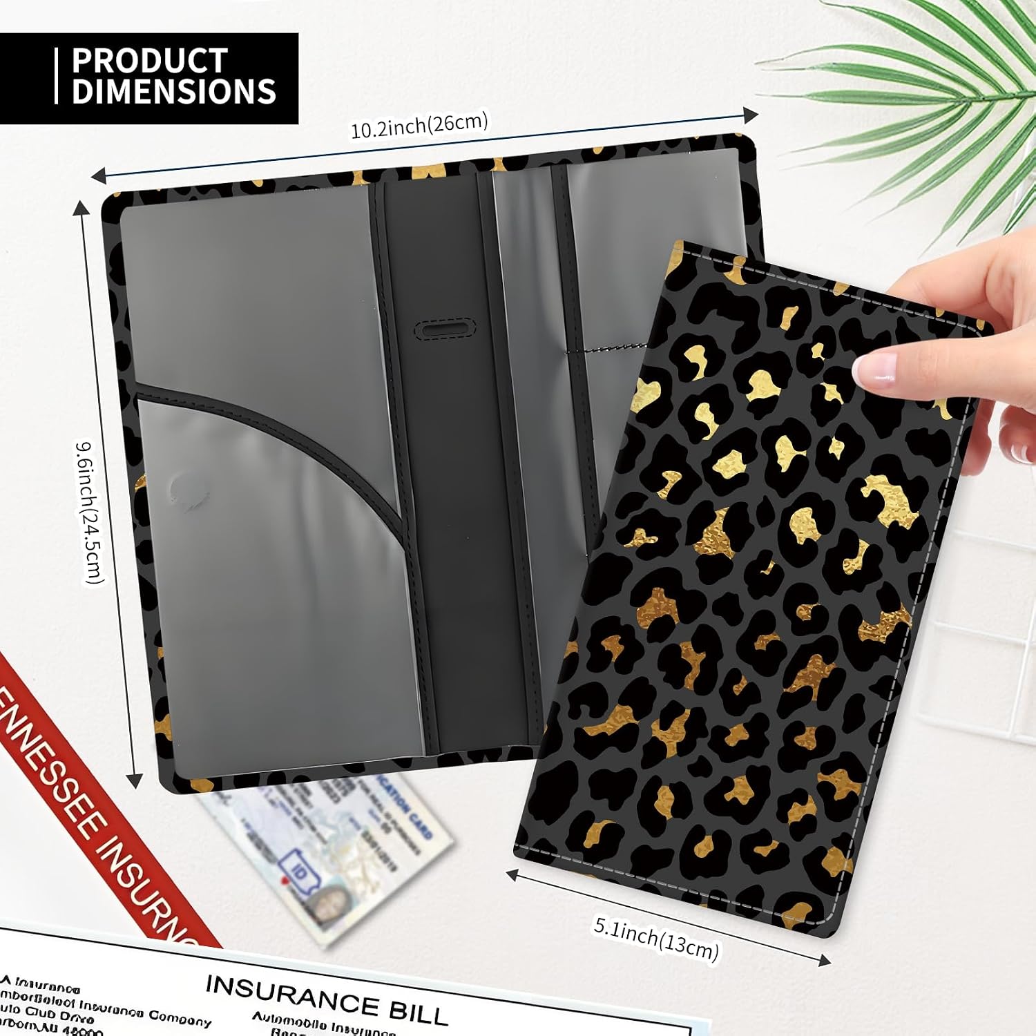 Leather Car Registration and Insurance Card Holder, Cute Car Accessories Vehicle Glove Box Car Organizer for Documents, Cards, License Luxury Golden Black Leopard image 5